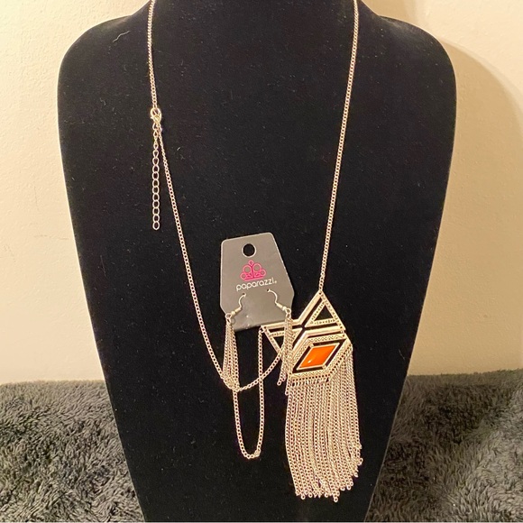 NWT Paparazzi Tribal By Fire Orange Long Chain Necklace and Earrings Set - Picture 3 of 11